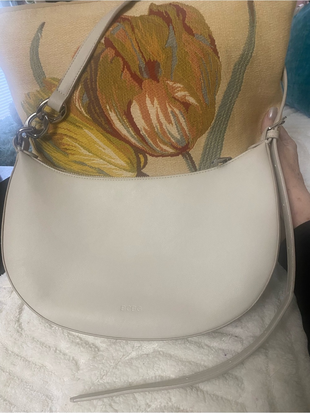 BCBG Max Azria Cream Crescent Hobo Shoulder Bag